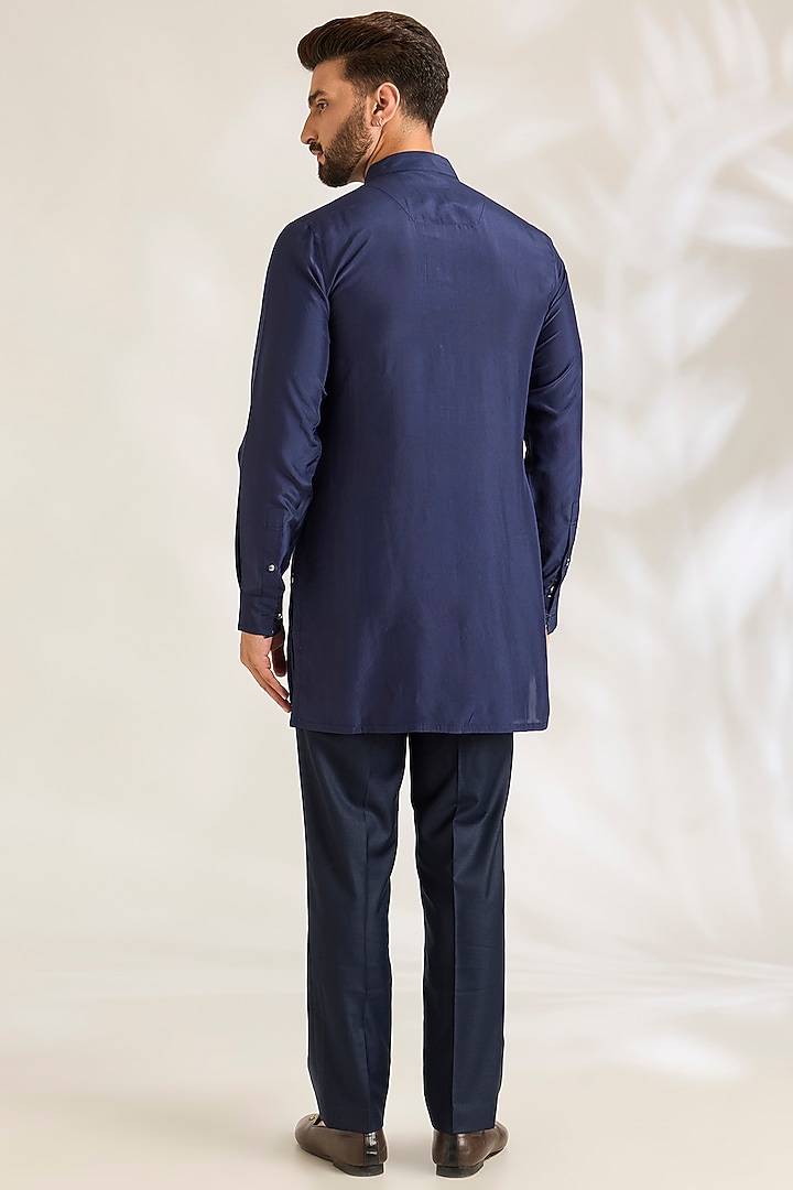 Navy Blue Silk Bundi Jacket Set by ARJAN DUGAL at Pernia's Pop Up Shop