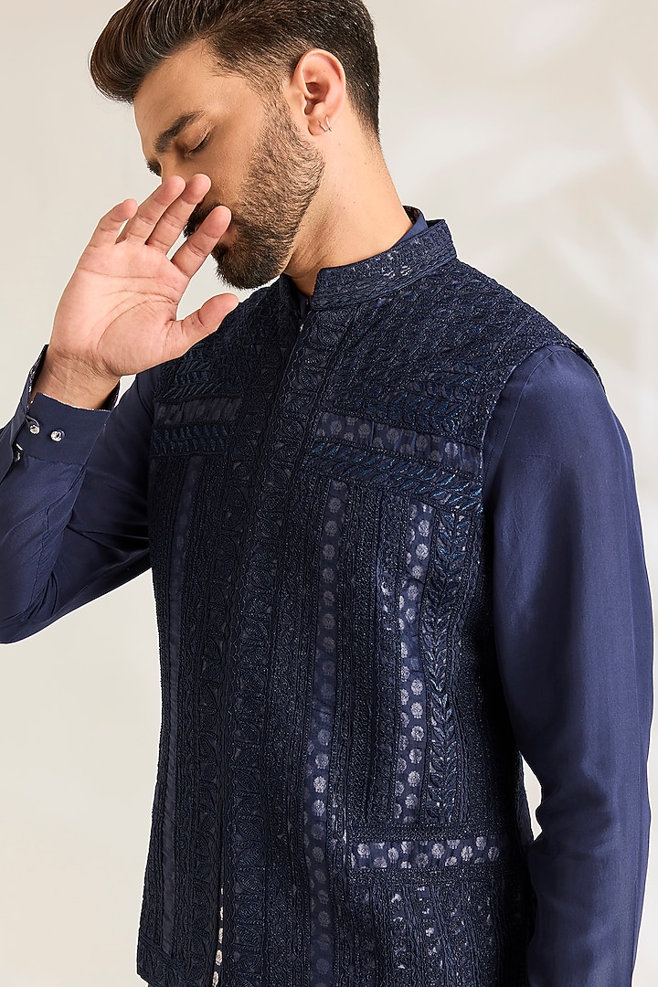 Navy Blue Silk Bundi Jacket Set by ARJAN DUGAL at Pernia's Pop Up Shop