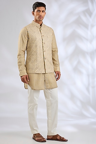 Yellow & Grey Georgette Bundi Set by ARJAN DUGAL