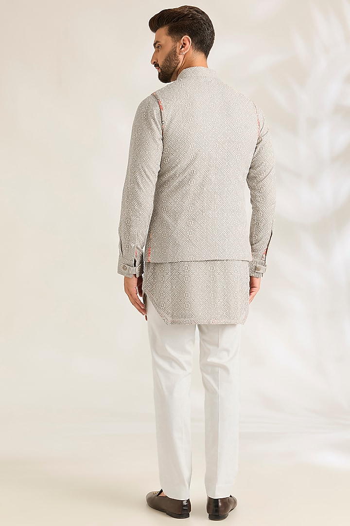 Ice Grey Silk Bundi Jacket Set by ARJAN DUGAL at Pernia's Pop Up Shop