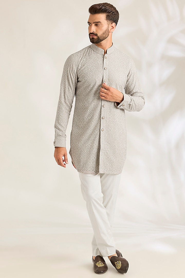 Ice Grey Silk Bundi Jacket Set by ARJAN DUGAL at Pernia's Pop Up Shop
