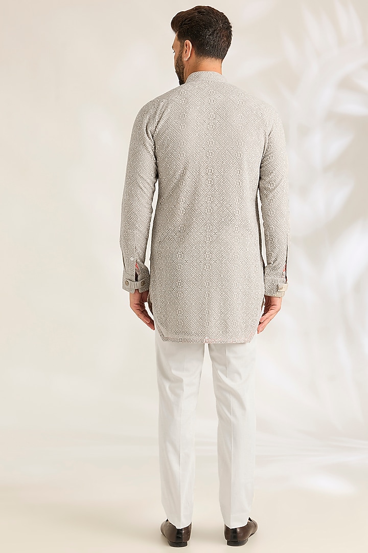 Ice Grey Silk Bundi Jacket Set by ARJAN DUGAL at Pernia's Pop Up Shop
