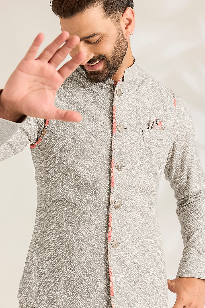 Ice Grey Silk Bundi Jacket Set by ARJAN DUGAL at Pernia's Pop Up Shop