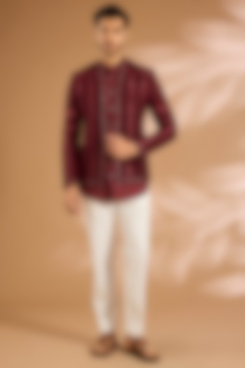 Oxblood Red Silk Groom Indowestern Set by ARJAN DUGAL at Pernia's Pop Up Shop