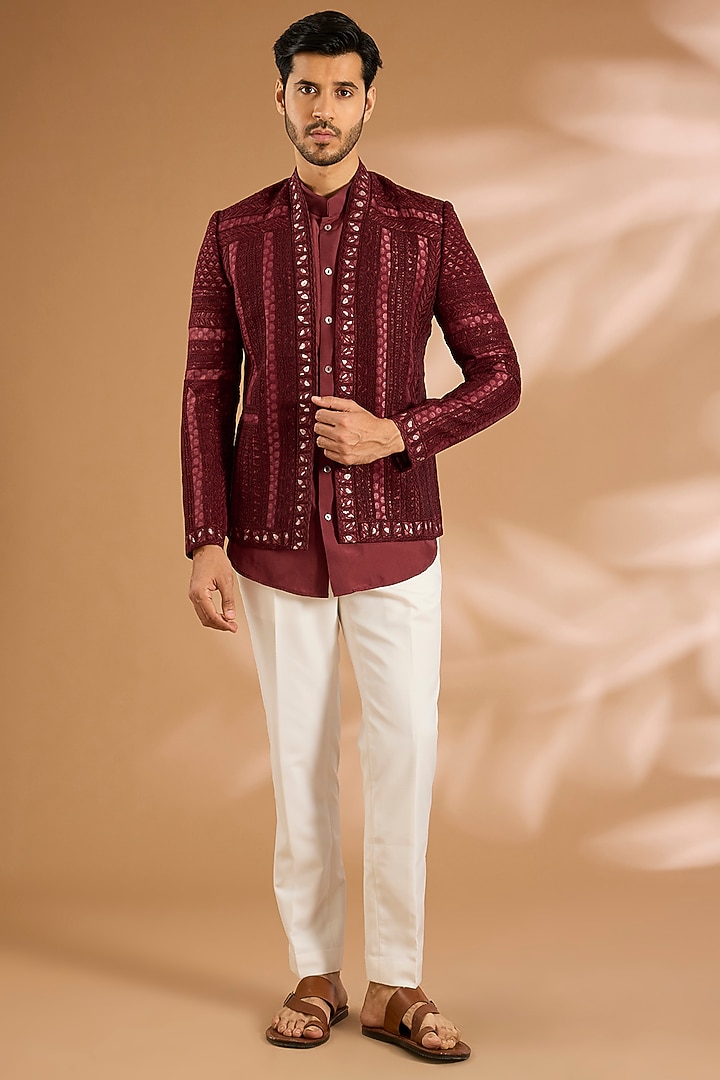 Oxblood Red Silk Groom Indowestern Set by ARJAN DUGAL at Pernia's Pop Up Shop