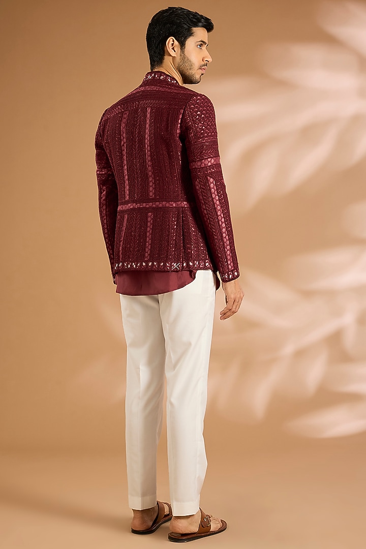 Oxblood Red Silk Groom Indowestern Set by ARJAN DUGAL at Pernia's Pop Up Shop