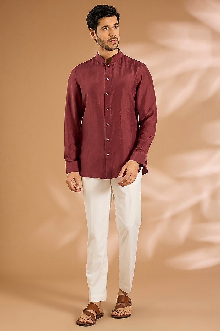 Oxblood Red Silk Groom Indowestern Set by ARJAN DUGAL at Pernia's Pop Up Shop