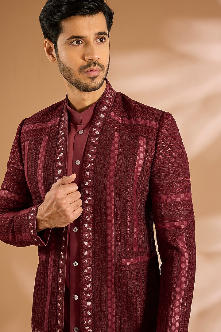 Oxblood Red Silk Groom Indowestern Set by ARJAN DUGAL at Pernia's Pop Up Shop