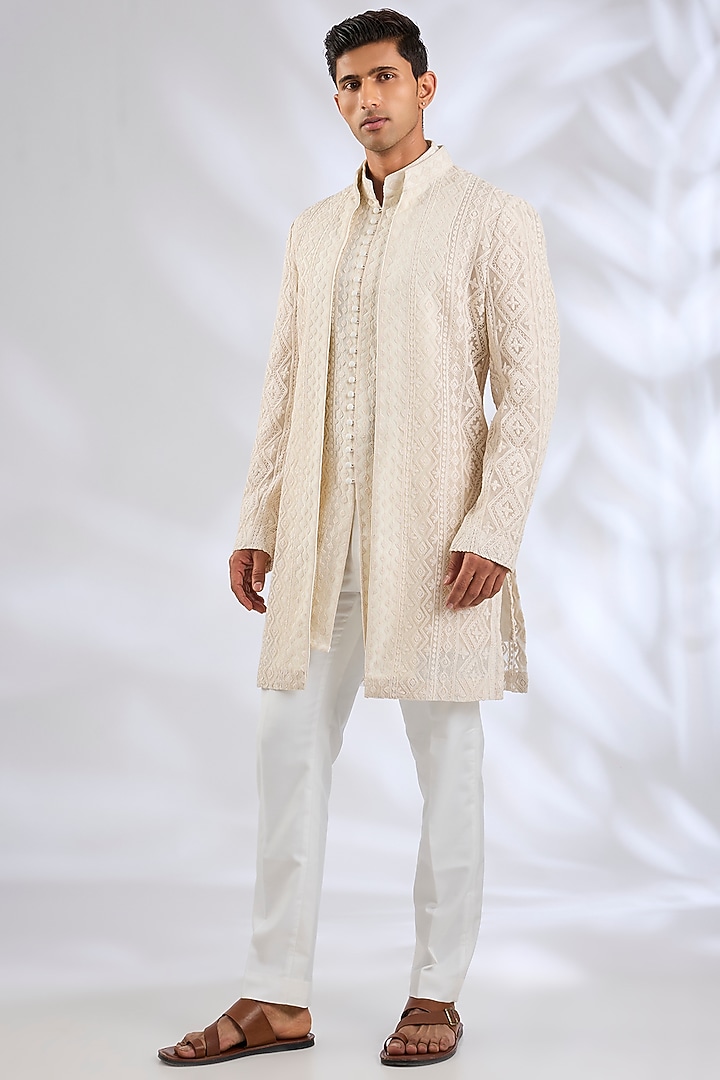 Off-White Organza & Cotton Satin Lycra Groom Indowestern Set by ARJAN DUGAL at Pernia's Pop Up Shop