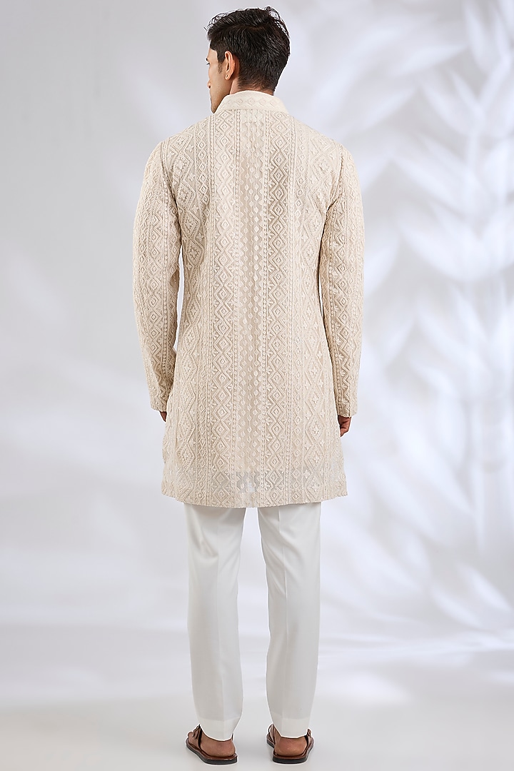 Off-White Organza & Cotton Satin Lycra Groom Indowestern Set by ARJAN DUGAL at Pernia's Pop Up Shop