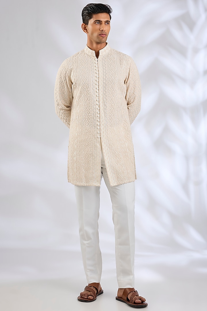 Off-White Organza & Cotton Satin Lycra Groom Indowestern Set by ARJAN DUGAL at Pernia's Pop Up Shop
