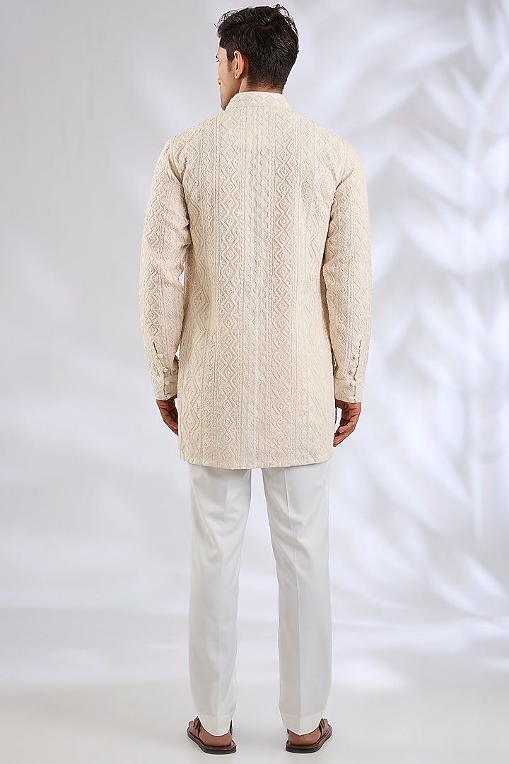 Off-White Organza & Cotton Satin Lycra Groom Indowestern Set by ARJAN DUGAL at Pernia's Pop Up Shop