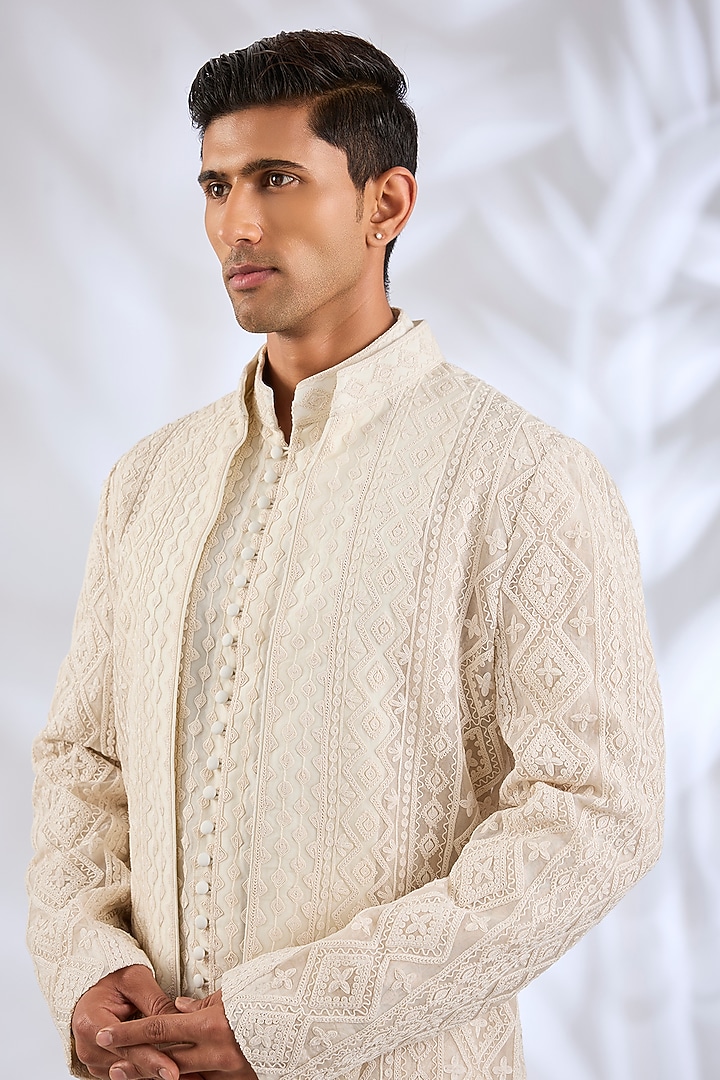 Off-White Organza & Cotton Satin Lycra Groom Indowestern Set by ARJAN DUGAL at Pernia's Pop Up Shop