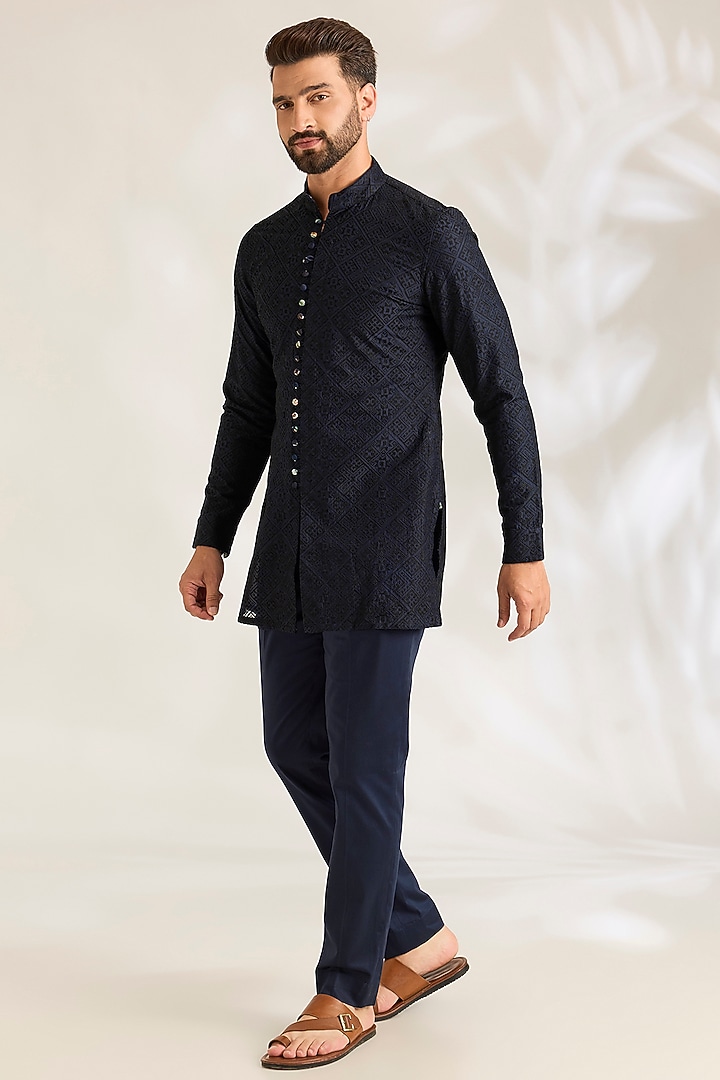 Navy Blue Silk Kurta Set by ARJAN DUGAL at Pernia's Pop Up Shop