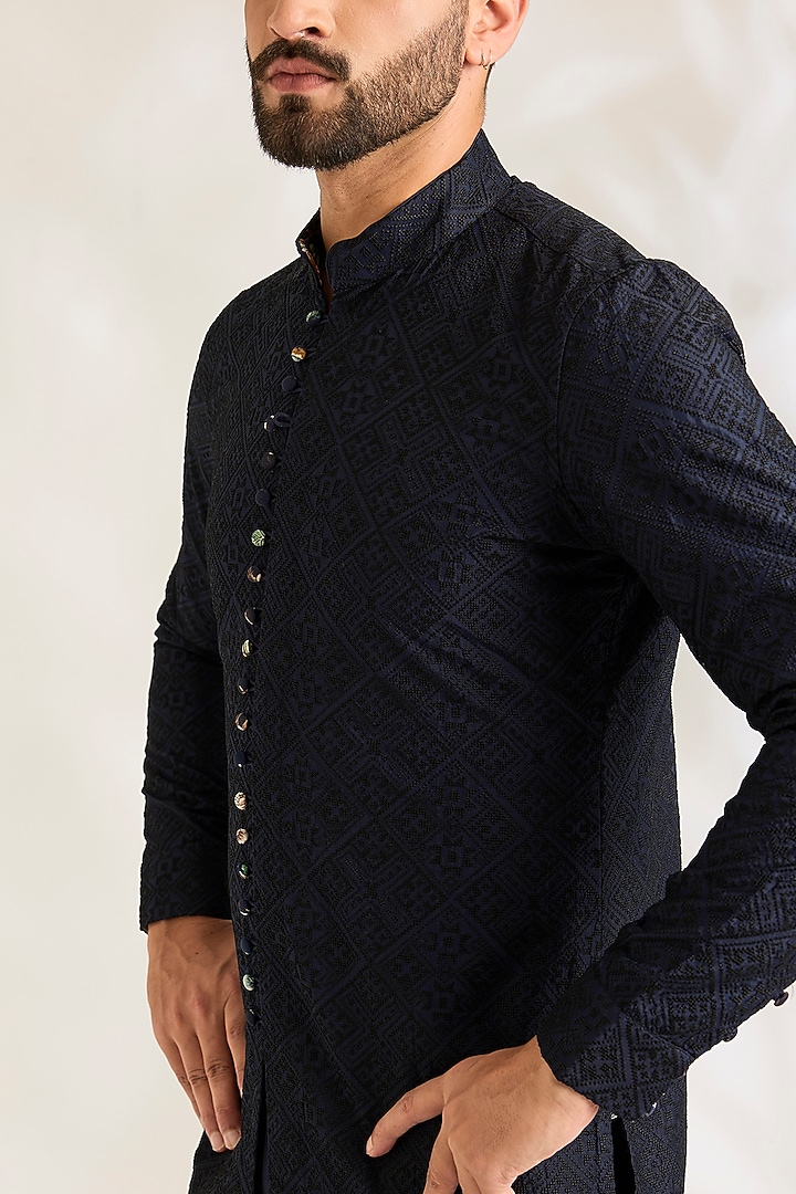 Navy Blue Silk Kurta Set by ARJAN DUGAL at Pernia's Pop Up Shop