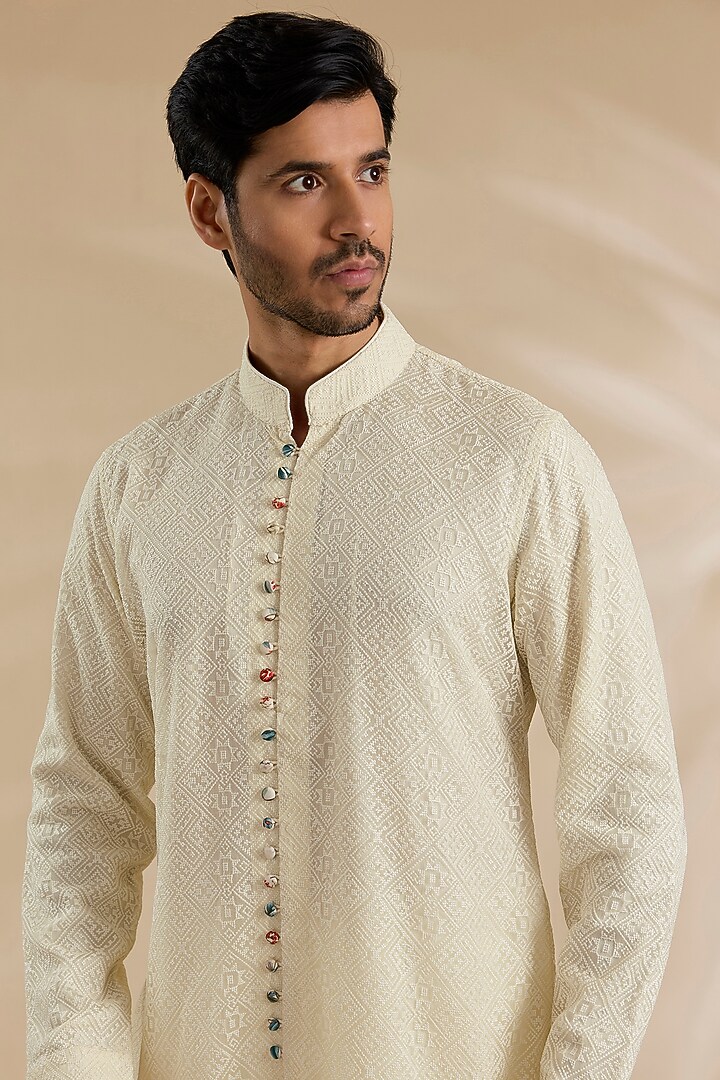 Ivory Chanderi Silk Kurta Set by ARJAN DUGAL at Pernia's Pop Up Shop
