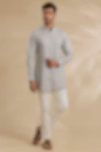 Ice-Grey Chanderi Silk Kurta Set by ARJAN DUGAL