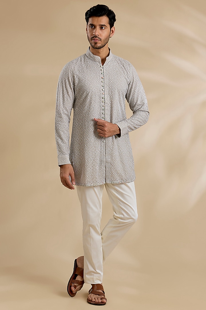 Ice-Grey Chanderi Silk Kurta Set by ARJAN DUGAL