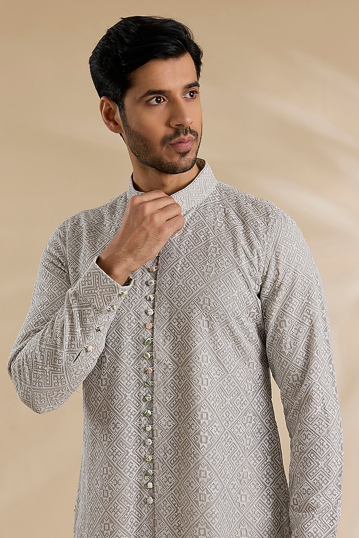Ice-Grey Chanderi Silk Kurta Set by ARJAN DUGAL at Pernia's Pop Up Shop
