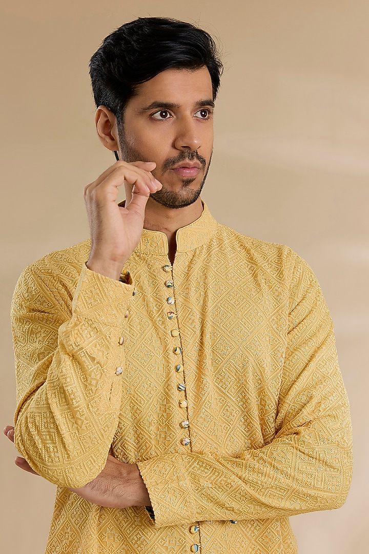 Golden Chanderi Silk Kurta Set by ARJAN DUGAL at Pernia's Pop Up Shop