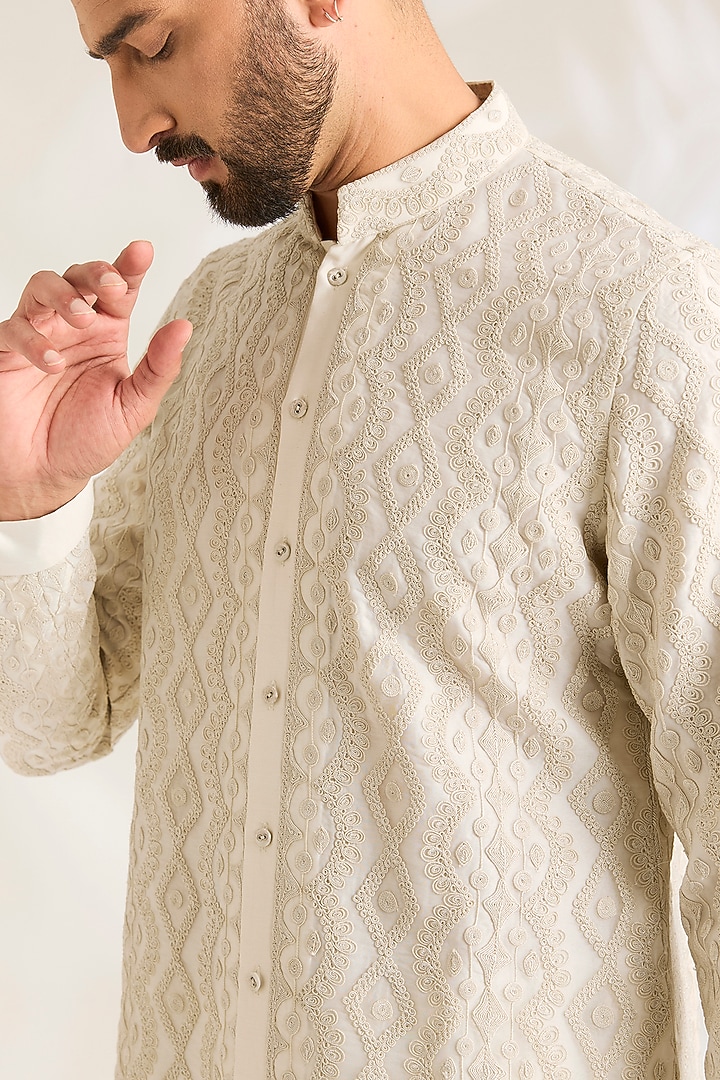 Off-White Silk Kurta Set by ARJAN DUGAL at Pernia's Pop Up Shop
