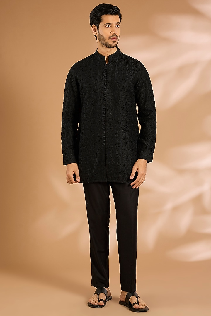 Black Silk Kurta Set by ARJAN DUGAL at Pernia's Pop Up Shop