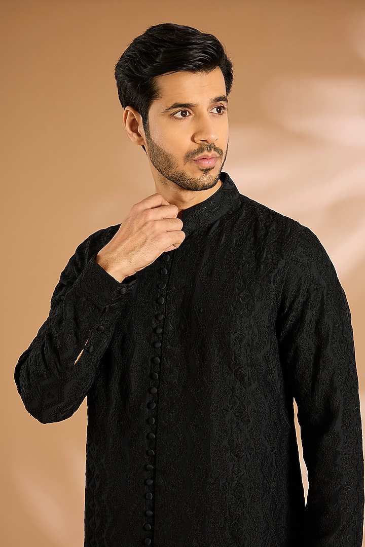 Black Silk Kurta Set by ARJAN DUGAL at Pernia's Pop Up Shop