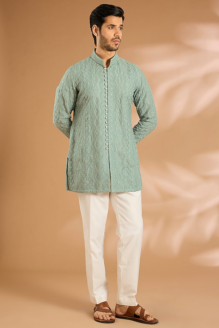 Dusky Blue Silk Kurta Set by ARJAN DUGAL at Pernia's Pop Up Shop