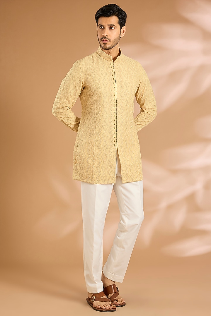 Yellow Silk Kurta Set by ARJAN DUGAL at Pernia's Pop Up Shop
