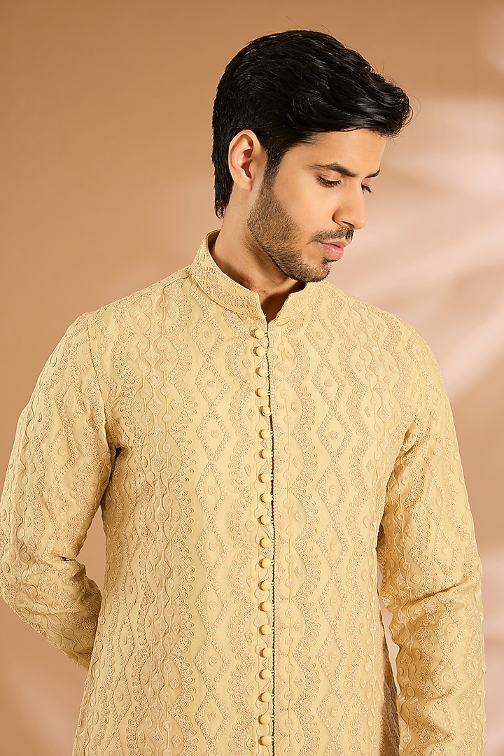 Yellow Silk Kurta Set by ARJAN DUGAL at Pernia's Pop Up Shop