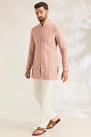 Pink Champagne Silk Kurta Set by ARJAN DUGAL