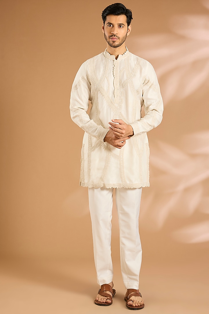 Off-White Silk Kurta Set by ARJAN DUGAL at Pernia's Pop Up Shop