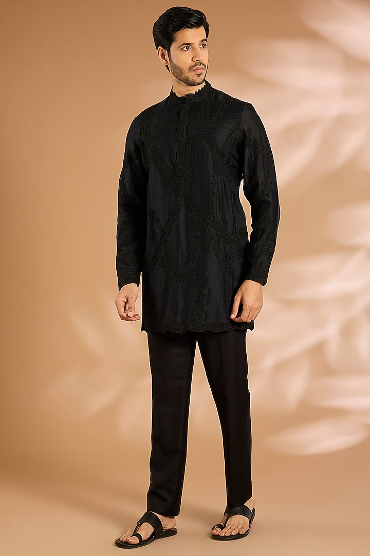 Black Silk Kurta Set by ARJAN DUGAL at Pernia's Pop Up Shop