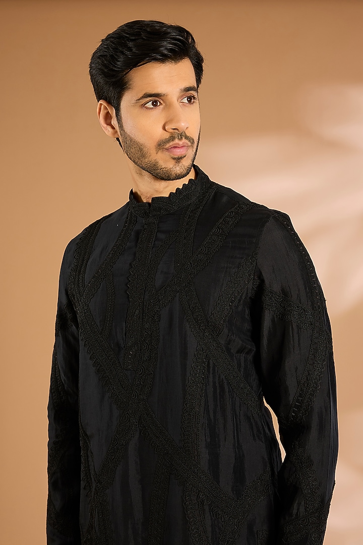 Black Silk Kurta Set by ARJAN DUGAL at Pernia's Pop Up Shop