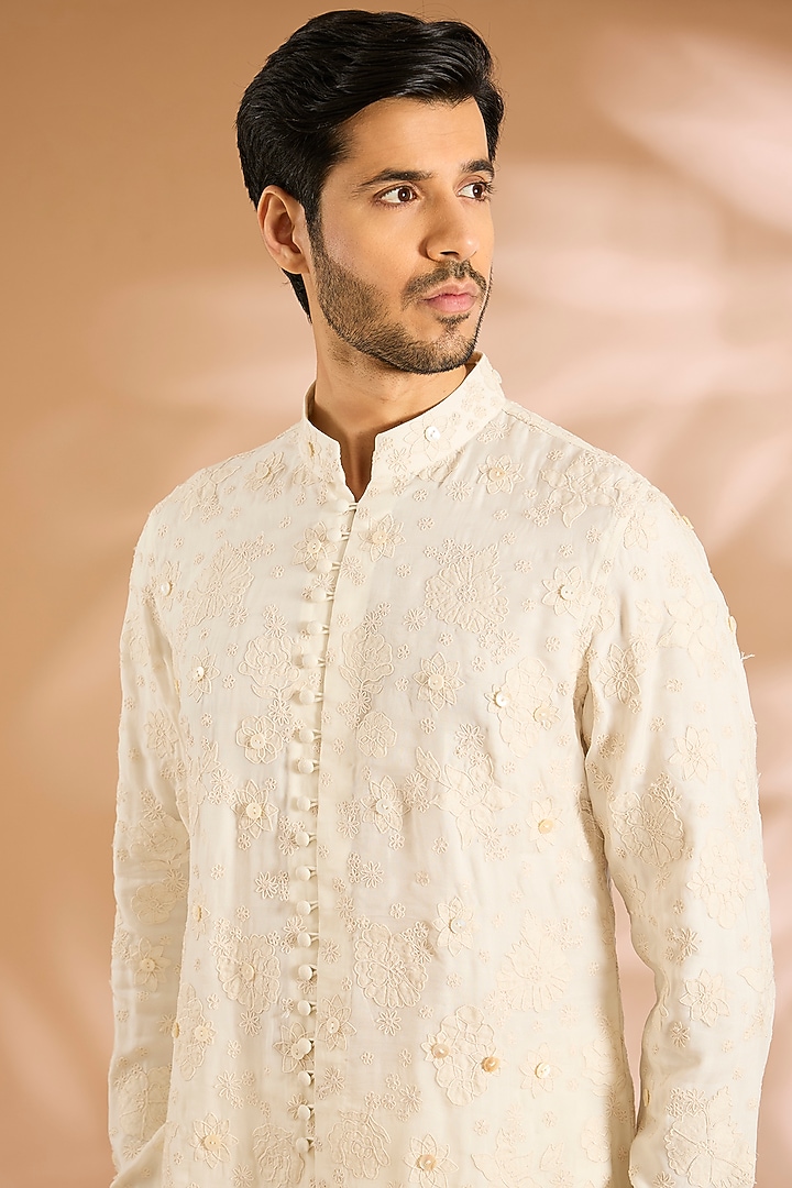 Off-White Silk Kurta Set by ARJAN DUGAL at Pernia's Pop Up Shop