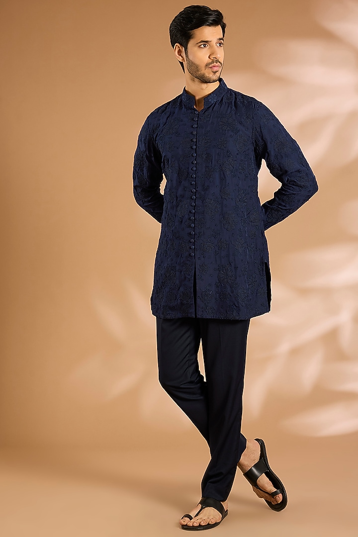 Navy Blue Silk Kurta Set by ARJAN DUGAL at Pernia's Pop Up Shop
