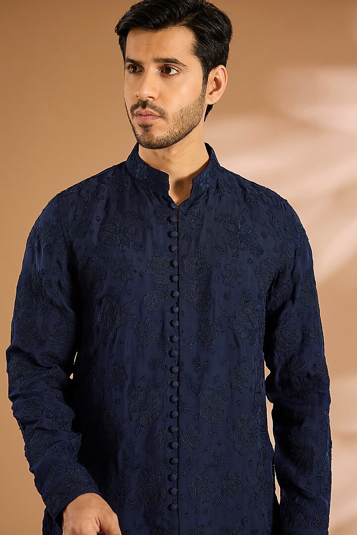 Navy Blue Silk Kurta Set by ARJAN DUGAL at Pernia's Pop Up Shop