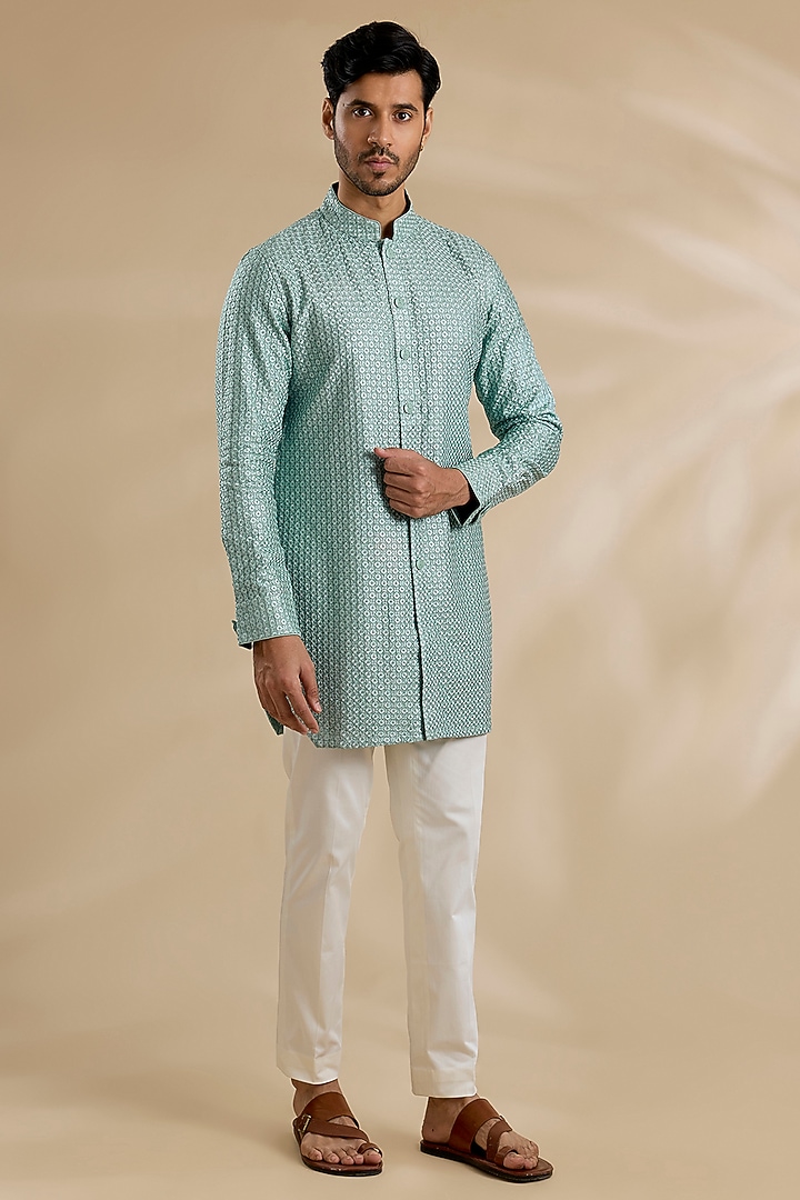 Dusky Blue Chanderi Silk Kurta Set by ARJAN DUGAL