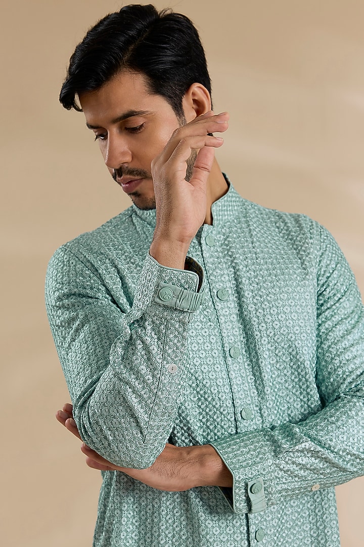 Dusky Blue Chanderi Silk Kurta Set by ARJAN DUGAL at Pernia's Pop Up Shop
