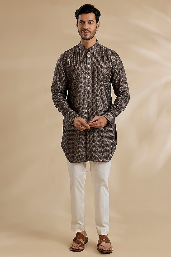 Dark Brown Chanderi Silk Kurta Set by ARJAN DUGAL