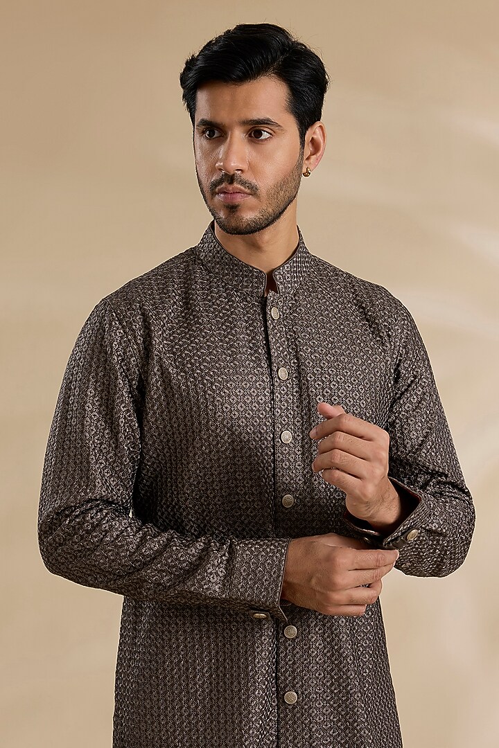 Dark Brown Chanderi Silk Kurta Set by ARJAN DUGAL at Pernia's Pop Up Shop