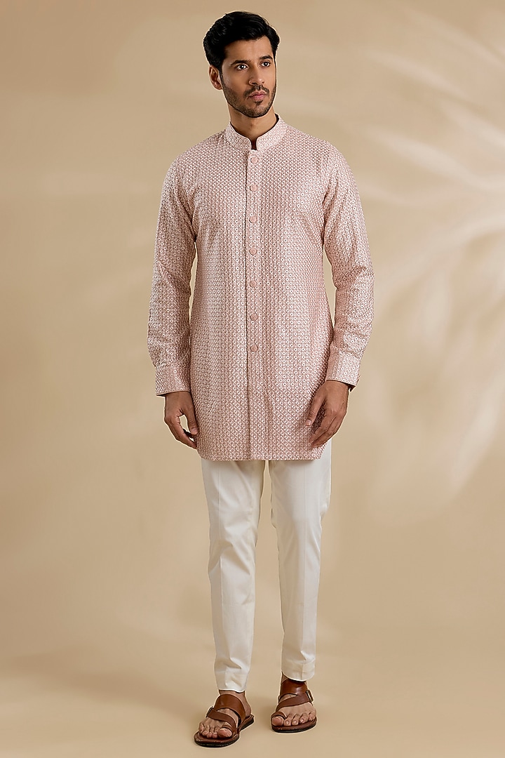Pink Champagne Chanderi Silk Kurta Set by ARJAN DUGAL