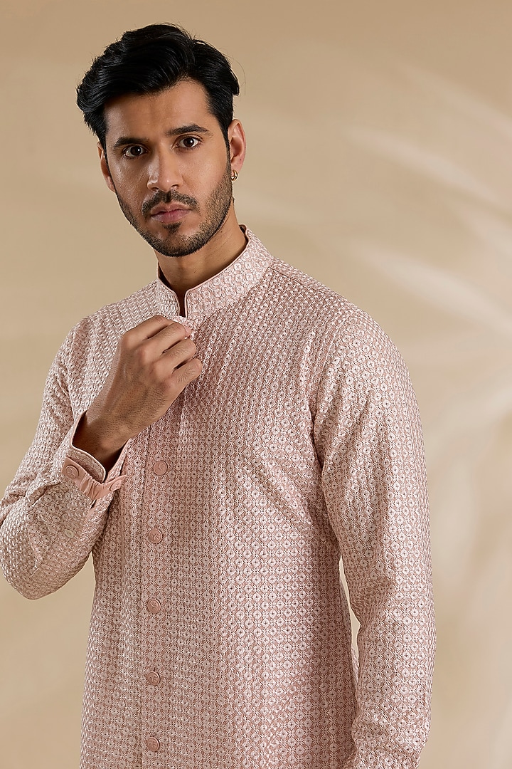 Pink Champagne Chanderi Silk Kurta Set by ARJAN DUGAL at Pernia's Pop Up Shop