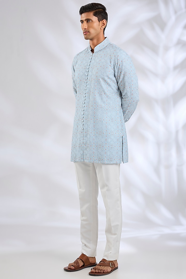 Powder Blue Chanderi Kurta Set by ARJAN DUGAL at Pernia's Pop Up Shop