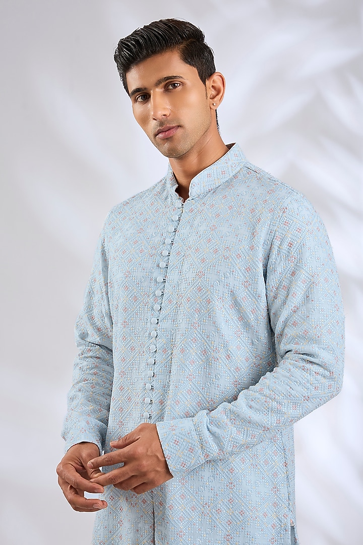 Powder Blue Chanderi Kurta Set by ARJAN DUGAL at Pernia's Pop Up Shop