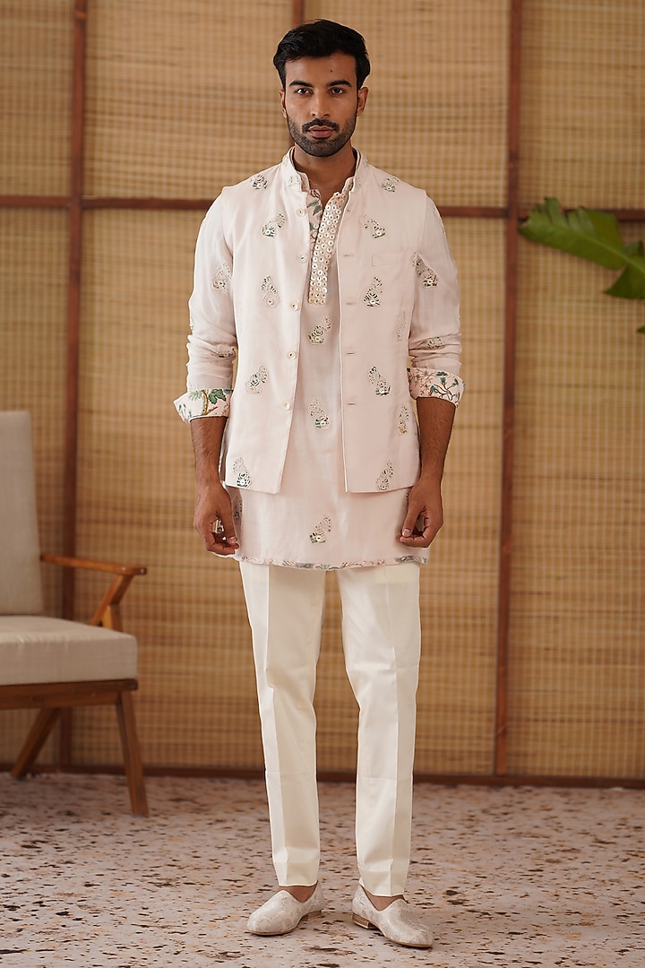 Powder Pink Organza & Moga Silk Dori Work Nehru Jacket Set by ARJAN DUGAL at Pernia's Pop Up Shop