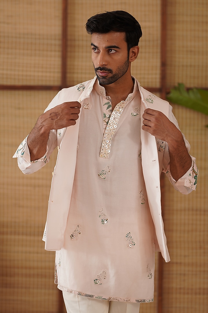 Powder Pink Organza & Moga Silk Dori Work Nehru Jacket Set by ARJAN DUGAL at Pernia's Pop Up Shop