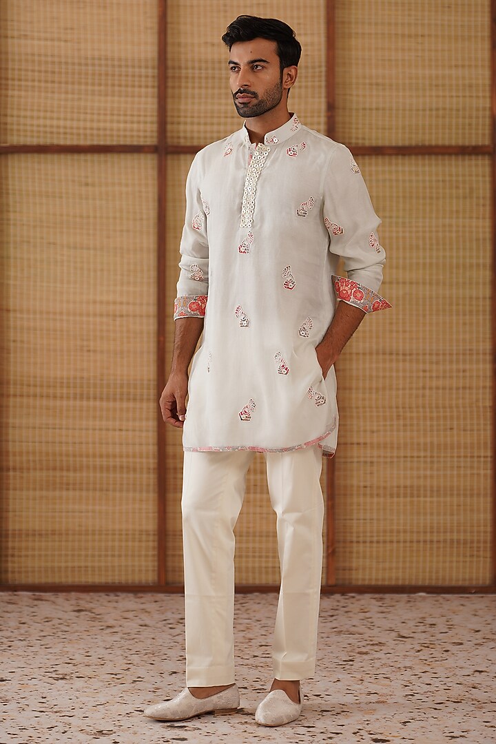Light Grey Organza & Moga Silk Dori Work Kurta Set by ARJAN DUGAL at Pernia's Pop Up Shop
