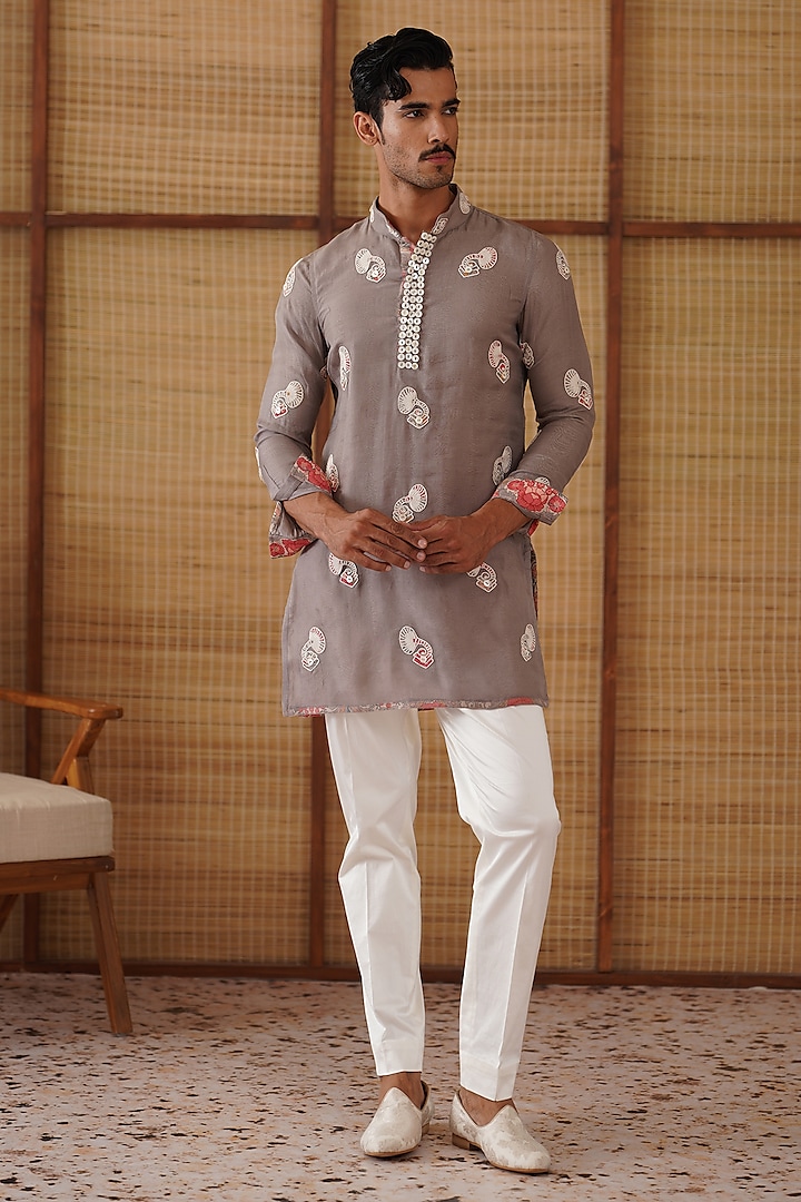 Dark Grey Organza & Moga Silk Dori Work Kurta Set by ARJAN DUGAL at Pernia's Pop Up Shop
