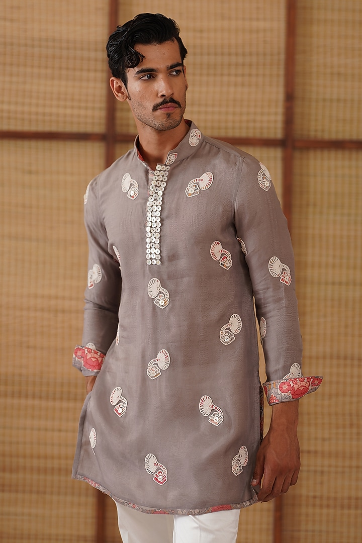 Dark Grey Organza & Moga Silk Dori Work Kurta Set by ARJAN DUGAL at Pernia's Pop Up Shop
